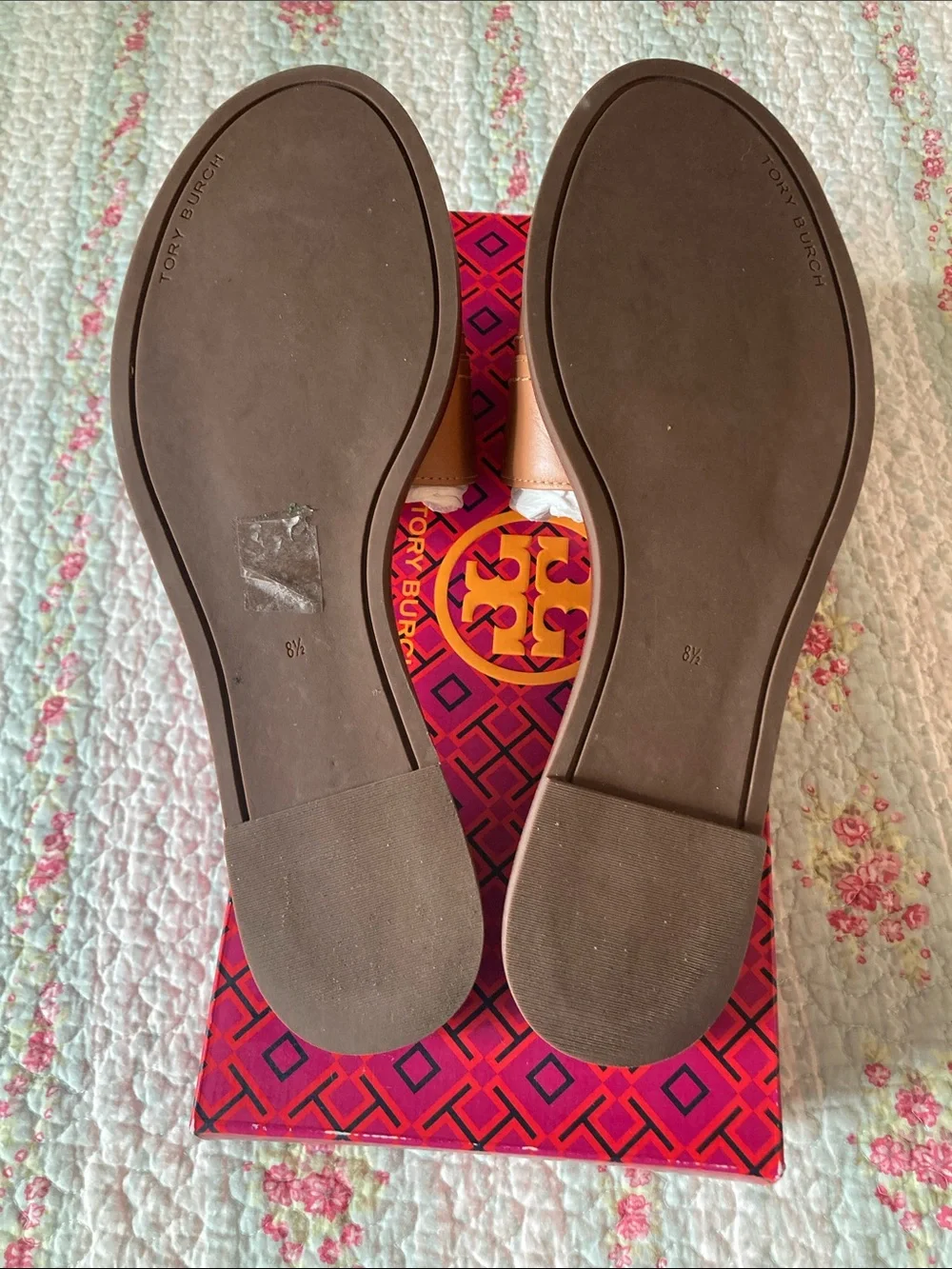 Tory Burch Cognac Leather Slide Sandals with Gold Logo
